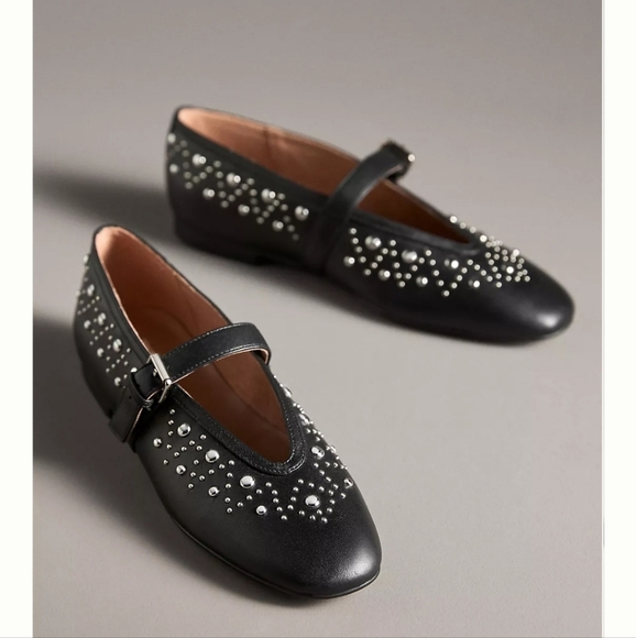 NWT Anthropologie Bibi Lou Studded Mary Jane Flats Black Size 39 EU 8/8.5 US. - Picture 1 of 9